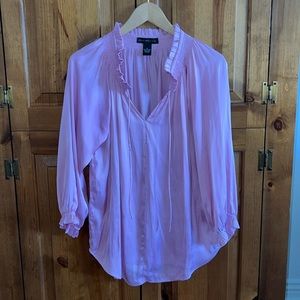 Joan Voss, pink tunic, blouse, size medium ruffle & tie neck